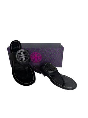 Tory Burch Black Leather Logo Thong Sandals with Signature Medallion
